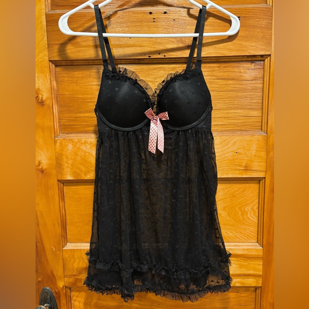 Black Lace Babydoll Chemise with Pink Bow